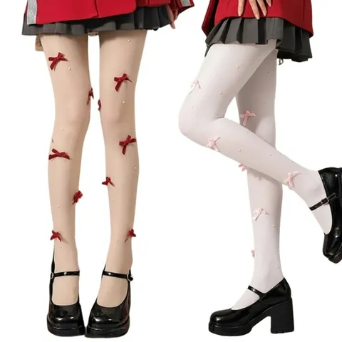 Women Sheer Nylon Pantyhose With 3D Velvet Bowknot And Faux Artificial Pearl Lolita Sweet JK Style Tights
