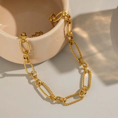 Collar De Acero Inoxidable Chapado En Oro De 18K Cadena De Cuerda Retorcida Eslabón Ovalado Joyería Para Mujer