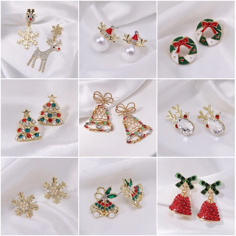 Boucles D'oreilles De Noël Pour Femmes Alliage Strass Émail Père Noël Renne Flocon De Neige Bijoux De Fête Cadeau