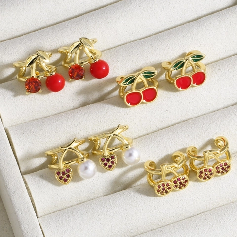 Fruit Cherry Heart Ear Cuffs Brass 18K Gold Plated Zircon Enamel Artificial Pearl Fashion Non Pierced Jewelry For Women