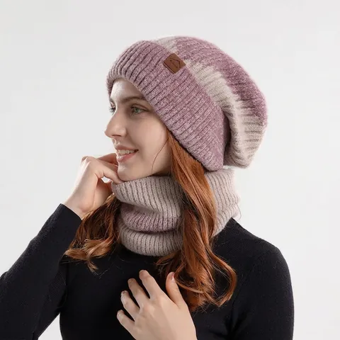Women Winter Knitted Hat And Neck Warmer Acrylic Fleece Lined Warm Windproof Two-Tone Marled Beanie Scarf