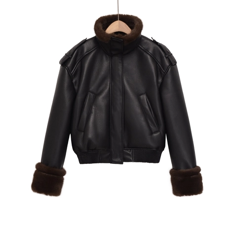 Women Vintage PU Leather Bomber Jacket Faux Fur Collar Cuffs Zipper Moto Flight Coat Thick Warm Casual Chic Outerwear