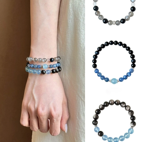 Natural Moonstone Obsidian Beaded Bracelet Minimalist Elegant Elastic Gemstone Jewelry Women