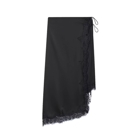 Black Satin Midi Skirt With Lace Trim Wrap Asymmetric Side Tie High Waist Solid Color Elegant Streetwear For Women