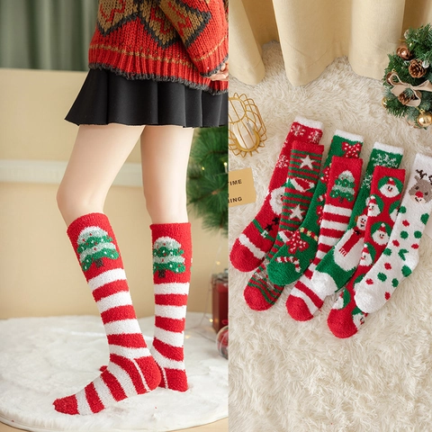 Calcetines Altos De Navidad Para Mujer Forro Polar Coral Espesado Cálidos Para Interior Papá Noel Reno Festivo
