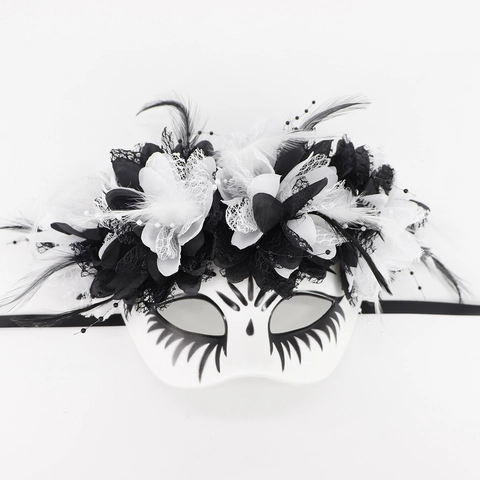 Masque de Bal Masqué Mexicain Jour Des Morts Masque de Fête Halloween Avec Fleurs Dentelle Plumes Masque Fantôme Pour Cosplay