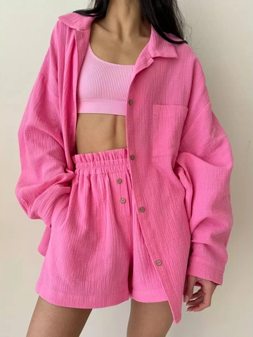 Women Casual Loungewear Cotton Crinkle Texture Long Sleeve Shirt And Shorts Solid Color Oversized Streetwear