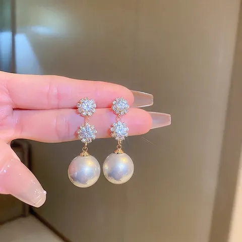 Eleganti Orecchini Pendenti Con Silver Earring Post Lega Strass Doppio Fiore Perla Artificial Sintetica Stile Francese Di Lusso Donna