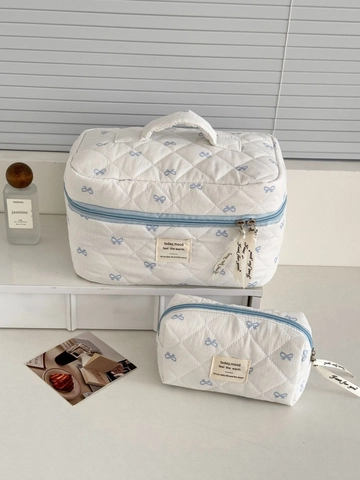 Borsa Trucco In Cotone Trapuntato Con Stampa Fiocco Cerniera Blu Grande Capacità Organizer Da Viaggio Portatile