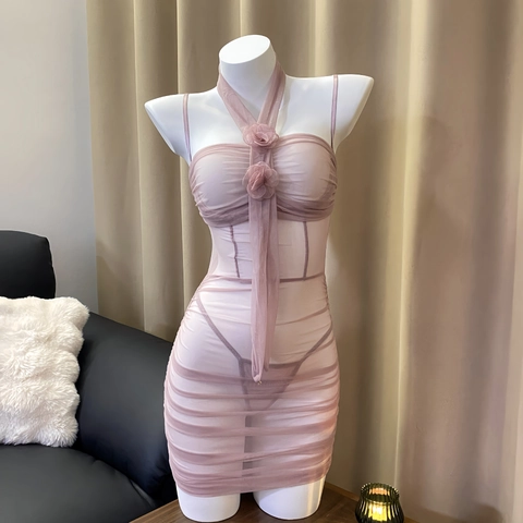 Sexy Mesh Gerafftes Minikleid Und Thong Lingerie Damen Durchsichtig Ausschnitt Mit Blumendekor Bodycon Nachtwäsche