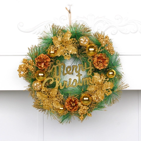 Corona Di Natale Artificiale Poinsettia Dorata Pigne Insegna Merry Christmas Decorazione Per Porta Parete Casa