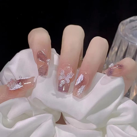 Long Coffin Press On Nails Gradient Blush Pink Glitter With 3D Butterfly Rose Flower Faux Artificial Pearl Elegant For Women