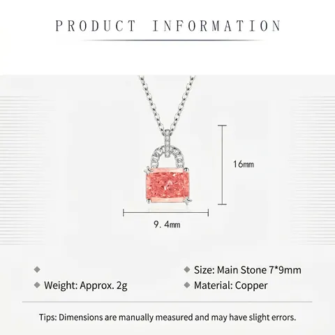 Square Cushion Cut Pink Zircon Pendant Necklace Copper Plated Elegant Gemstone Jewelry For Women Luxury Fashion Accessory