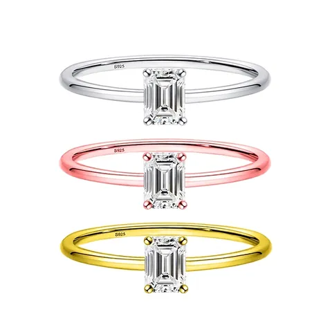 Anillo de Plata de Ley 925 Con Moissanita para Mujer Corte Esmeralda Rectangular Circonia Solitario Ajustable Elegante Joyería