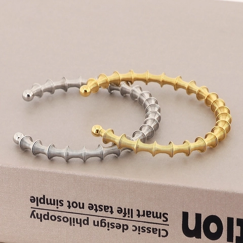 Brazalete De Acero Inoxidable Minimalista Resorte Espiral Textura Bambú Abierto Ajustable Para Hombres Mujeres Joyería