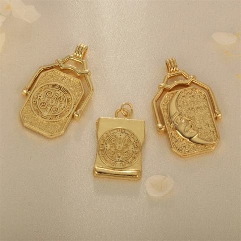 Pendentifs En Cuivre Plaqué Or Religieux Médaille Saint Benoît Soleil Lune Visage Accessoires Fabrication Bijoux DIY