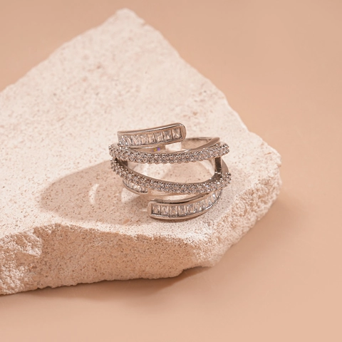 Multi-Layer Cross Open Ring Kupfer Mit Baguette Runde Zirkonia Geometrischer Chic Schmuck Für Damen Versilbert
