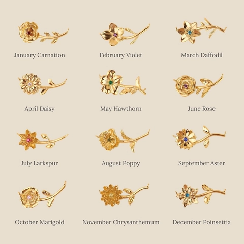 Birth Flower Pendant Necklace Gold Plated Copper Monthly Floral Cubic Zirconia Dainty Jewelry For Women
