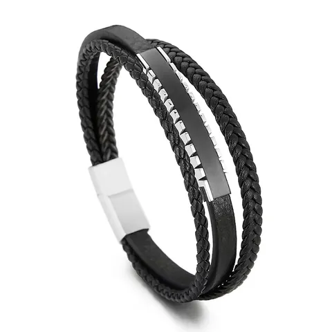 Men Multi-Layer Braided Leather Bracelet Stainless Steel Magnetic Buckle Punk Style Vintage Genuine Cowhide Rope Bangle