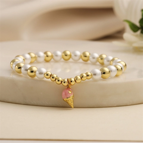 Bracelet Perlé Avec Künstliche Perles En Cuivre Et Imitation Künstliche Perle Pendentifs En Émail Rose Bijoux Mode Pour Femmes Et Filles