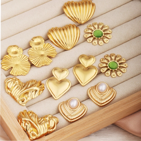 Stainless Steel Stud Earrings Gold Retro Heart Lotus Leaf Flower Cat Eye Stone Faux Artificial Pearl Minimalist Jewelry