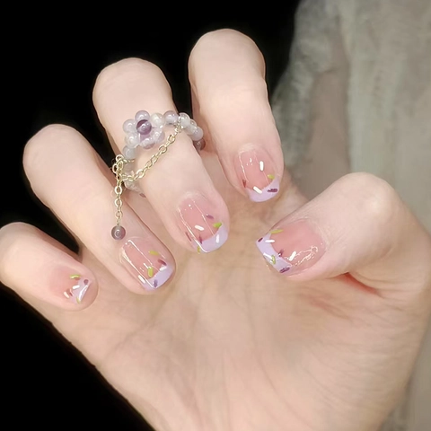 Lavender French Style Press On Nails Short Square Fake Nails With Candy Color Pattern Sweet Artificial Fingernails