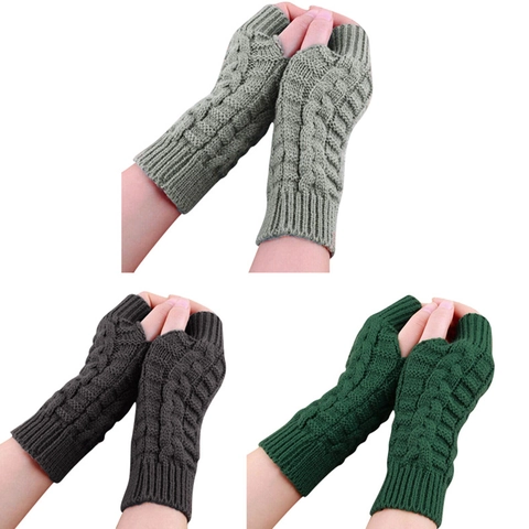 Cable Knit Fingerless Gloves Winter Warm Acrylic Half Finger Arm Warmers Ribbed Cuff Solid Color Unisex Fashion