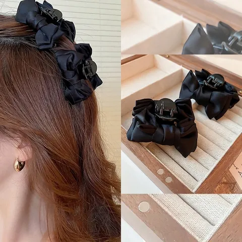 Satin Schleife Haarklammer Schwarz Elegant Stoffband Acryl Haarnadel Kopfschmuck Für Frauen Mädchen Mode Haaraccessoire
