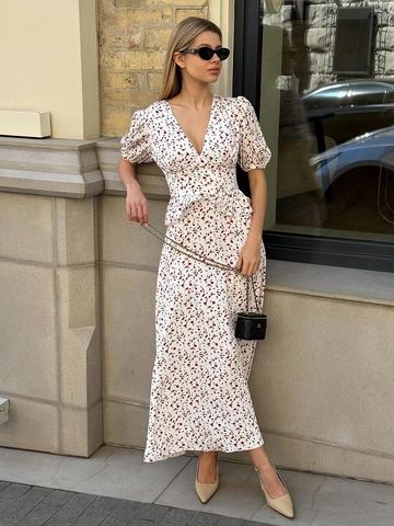 Floral Maxi Dress V Neck Puff Sleeve Peplum Waist Side Slit Summer Vacation French Style Women Polyester