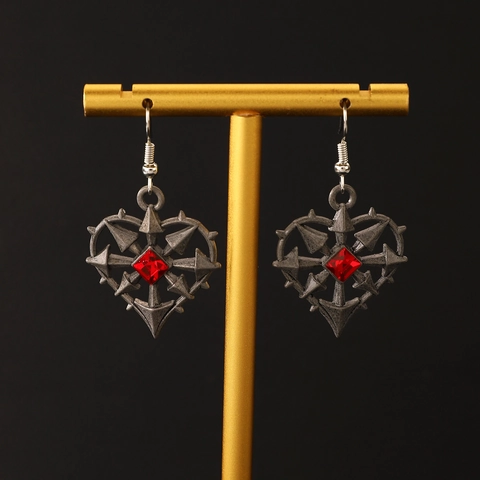 Set Joyería Gótico Punk Aleación Cobre Corazón Pendientes Collar Anillo Plata Antigua Rojo Zirconia Espinas para Halloween Mujer