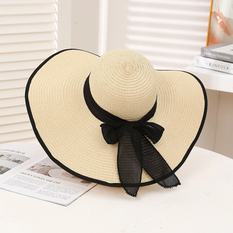 Women Wide Brim Straw Sun Hat Foldable Bowknot Summer Beach UV Protection Breathable Travel Elegant