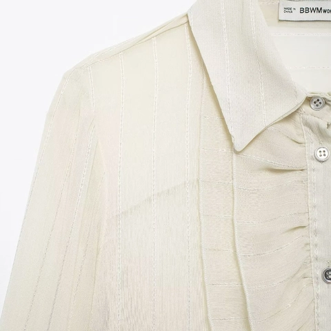 Elegante Damesblouse Met Lange Mouwen Frans Romantisch Ruches Trim Revers Knopen Polyester Semi Transparant Verticaal Gestreepte Top