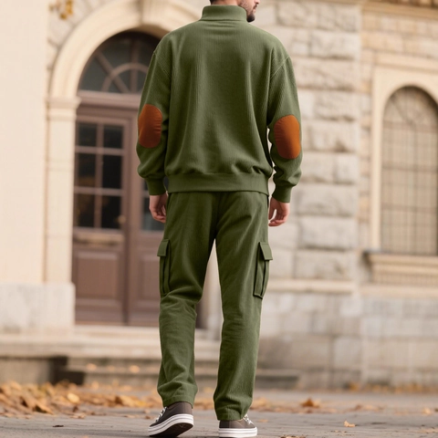 Heren Corduroy Henley Kraag Lange Mouwen Pullover En Cargobroek Casual Herfst Winter Outfit Elleboogstukken