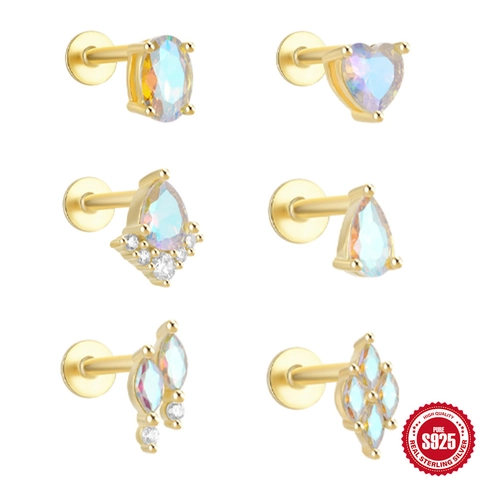 Mondstein Knorpel Ohrstecker 925 Sterling Silber Flache Rückseite Piercing Schmuck Herz Wassertropfen Zirkonia Elegant