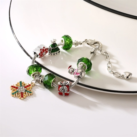 Christmas Charm Bracelet DIY Beaded Snake Chain Alloy Glass Beads Snowflake Snowman Christmas Tree Festive Jewelry Gift