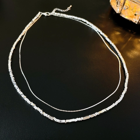 Layered Necklace Alloy Broken Silver Geometric Cube Snake Chain Minimalist Clavicle Accessory For Women