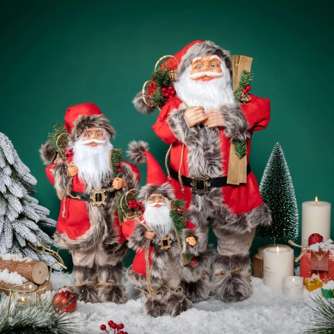 Standing Santa Claus Figure Christmas Decoration With Skiing Board And Gift Bag Red Fabric Faux Fur Classic Holiday Ornament