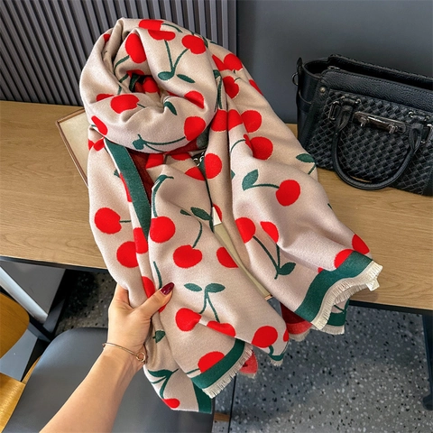 Women Winter Warm Scarf Double Sided Cute Cherry Pattern Jacquard Tassel Long Shawl Viscose Imitation Cashmere Neck Wrap