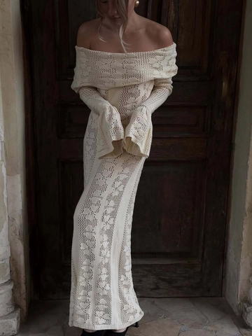 Off Shoulder Maxi Jurk Gebreid Gehaakt Opengewerkt Lange Klokmouwen Elegant Bodycon Vakantie Strand Sexy Lente Dames