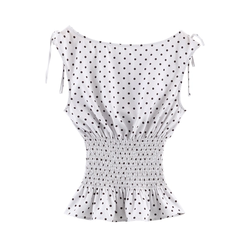 French Retro Polka Dot Print Smocked Waist Tie Shoulder Women Polyester Sleeveless Tank Top Ruffle Hem
