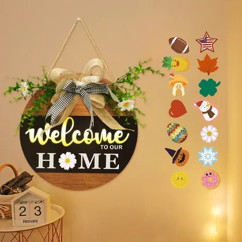 Panneau Bienvenue Rond Bois Lumière LED Icônes Saisonnières Noeud Lin Verdure Décoration Porte Murale Style Rural
