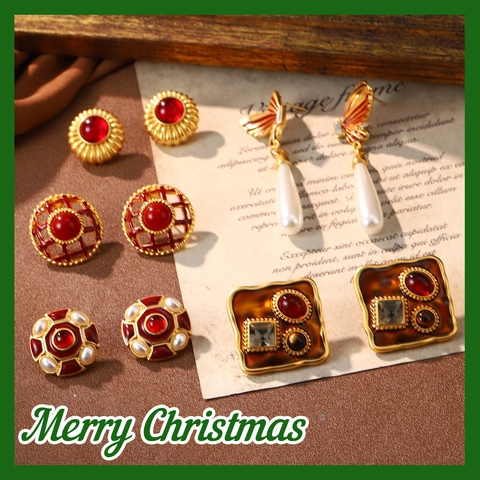 Pendientes Estilo Francés Vintage Aleación Esmalte Rojo Resina Perlas Artificiales Con Poste De Plata De Ley 925 Chapado En Oro Retro