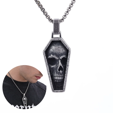 Coffin Skull Pendant Necklace Stainless Steel Gothic Punk Vintage Silver Jewelry For Men Women Hip Hop Biker Accessory