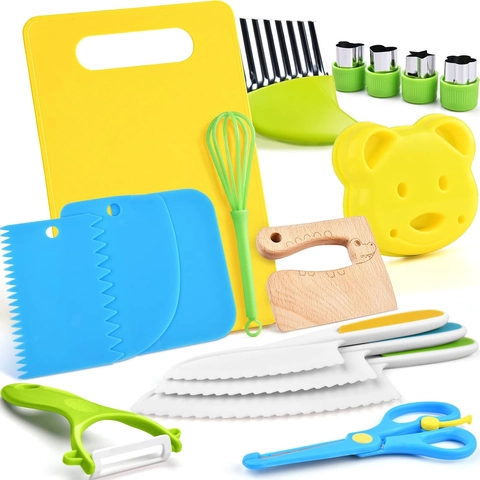 Toddler Safety Kitchen Knife Wood Cutting Board Plastic Serrated Blade Peeler Early Learning Cooking Tool For Kids