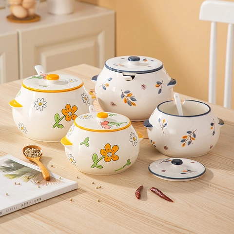 Ceramic Lard Storage Jar With Lid And Spoon Heat Resistant Seasoning Container Japanese Hand Painted Floral Design