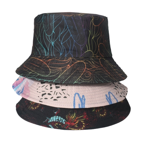 Bucket Hat Polyester Sonnenschutz Doppelseitig Fischerhut Streetwear Graffiti Chinesischer Drache Totenkopf Print Herren Damen