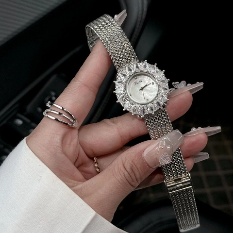 Damen Vintage Luxus Quarzuhr Sonnenblume Strass Lünette Perlmutt Zifferblatt Metallgeflecht Lederarmband Armbanduhr