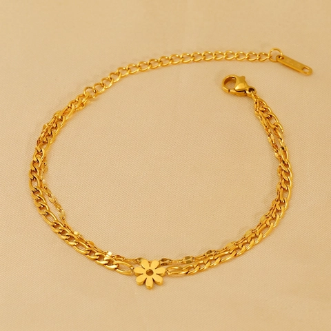 Double Layer Figaro Chain Bracelet With Daisy Flower Pendant 18K Gold Plated Stainless Steel Fashion Jewelry For Women