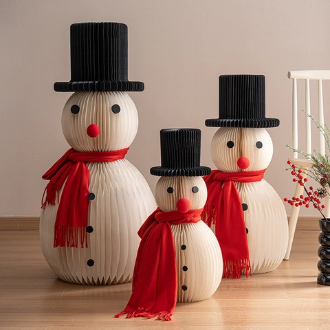 Ornements De Bonhomme De Neige Et Arbre En Papier Alvéolé De Noël Origami 3D Pliable Décoration De Fête Avec Écharpe