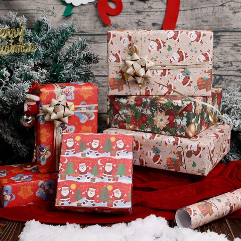 Christmas Gift Wrapping Paper Large Offset Wood-Free Festive Xmas Santa Reindeer Snowman Patterns Holiday Decor